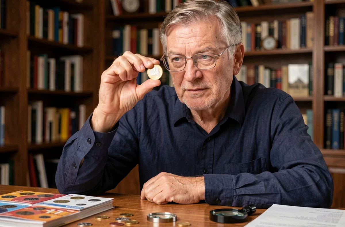Numismate examinant une pièce de 2 euros rare avec une loupe dans un bureau de collection