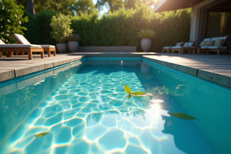 Piscine extérieure moderne avec eau claire et deck en bois