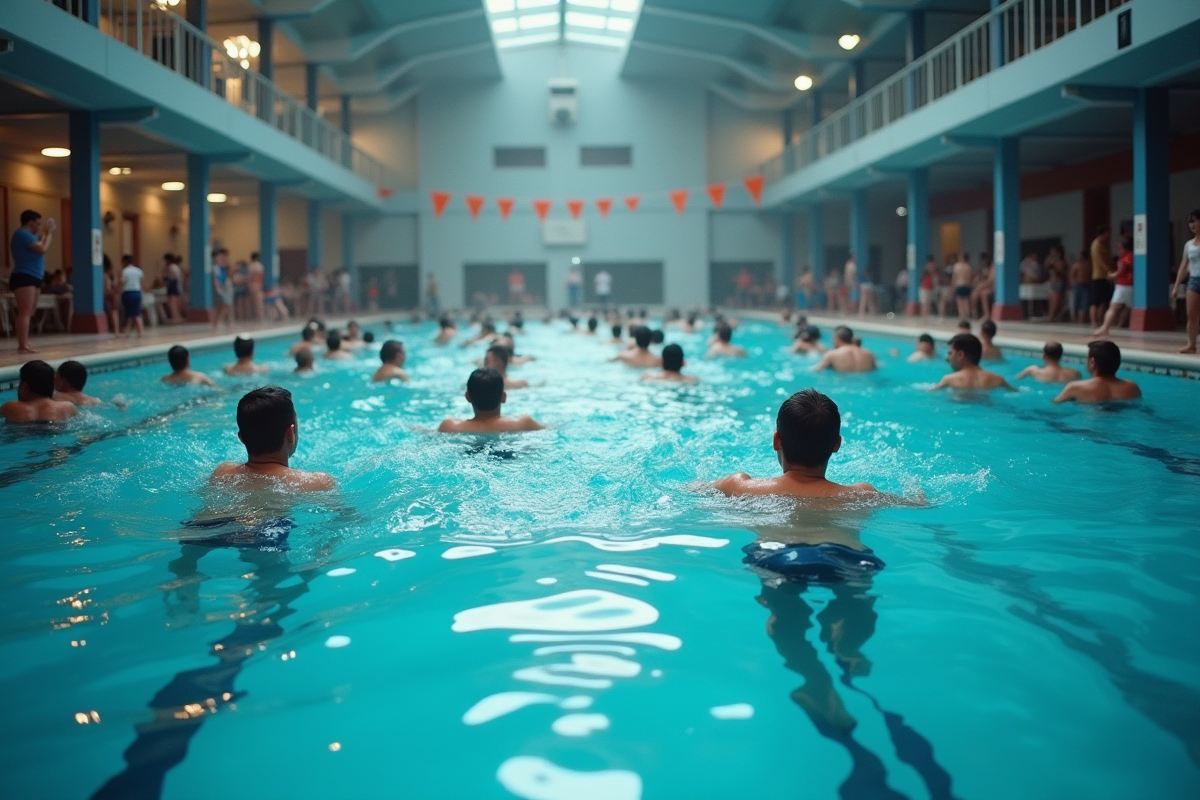 Piscine intérieure bondée avec nageurs et eau trouble