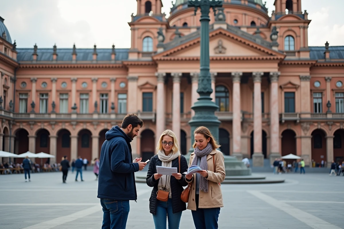Place du Capitole à Toulouse avec des touristes consultant une brochure devant la façade néoclassique du Capitole