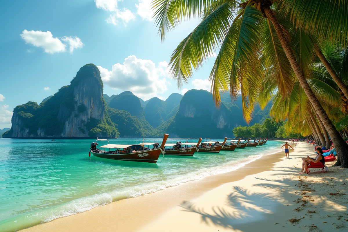 Plage tropicale en Thaïlande avec bateaux et palmiers