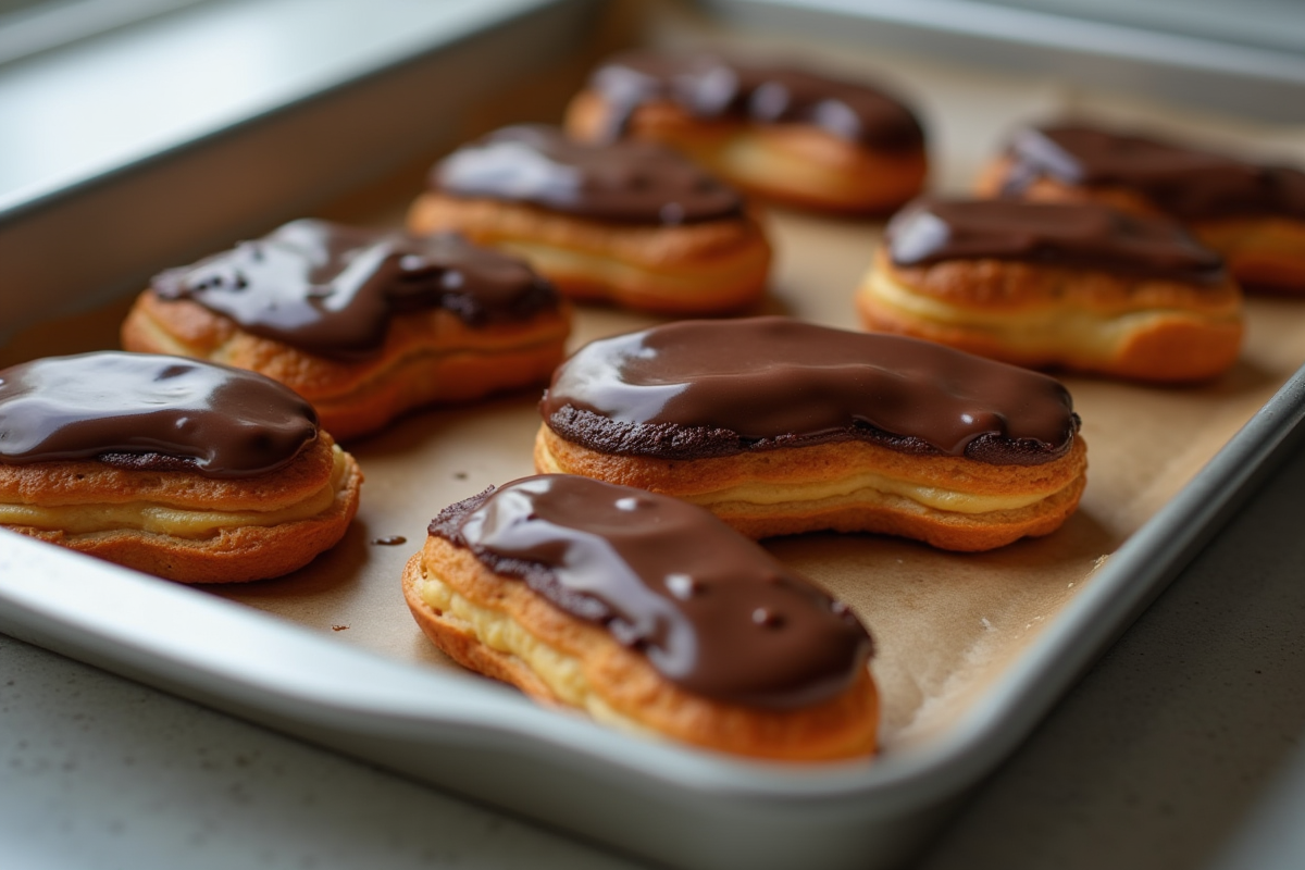 Plateau d éclairs au chocolat avec glaçage irrégulier en cuisine lumineuse