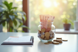 Portefeuille rempli de euros sur un bureau lumineux