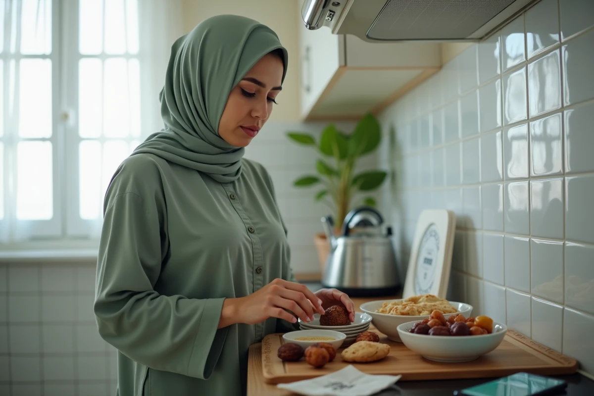 Jeune femme musulmane préparant un repas d'iftar dans un appartement à Vénissieux avec des dattes et de la soupe harira