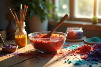 Préparation de pigments naturels avec cuillère en bois sur table rustique