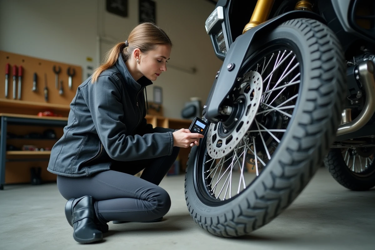 Motarde mesurant la pression de son pneu avant en psi et bar dans un garage atelier avec un manomètre numérique