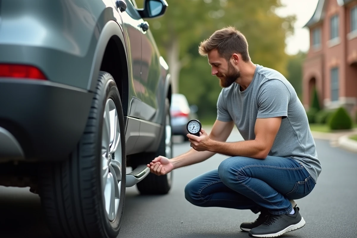 Homme vérifiant la pression des pneus de son SUV sur une allée résidentielle avec un manomètre affichant psi et bar