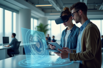 Deux jeunes professionnels en bureau moderne utilisant la réalité virtuelle