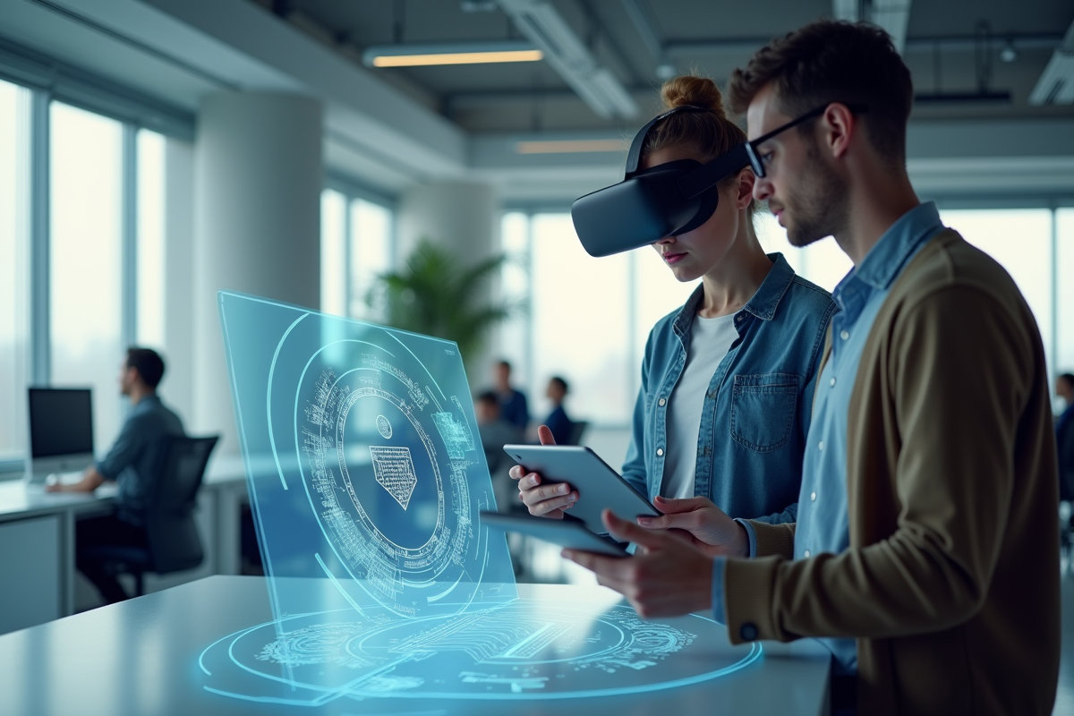 Deux jeunes professionnels en bureau moderne utilisant la réalité virtuelle