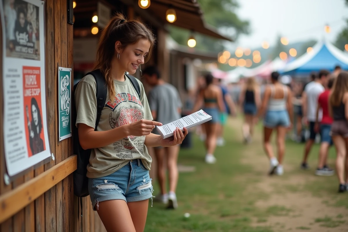 Jeune femme consultant le programme du festival des Vieilles Charrues devant un stand de merchandising, exprimant sa curiosité pour la programmation