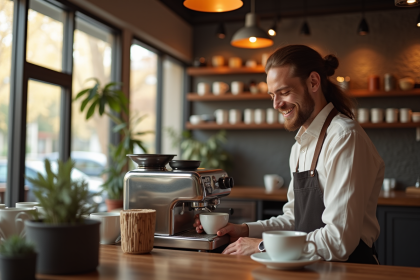 Proprietaire de cafe souriant derrière le comptoir lumineux