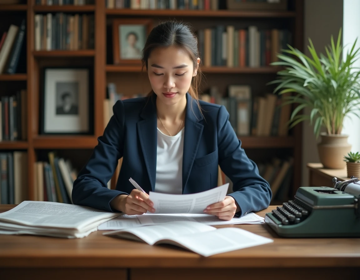 Jeune journaliste assise à un bureau en bois entouré de journaux et de carnets dans une bibliothèque familiale chaleureuse