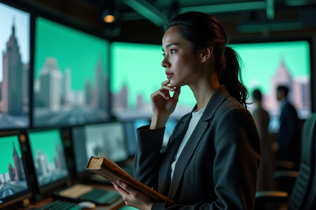 Réalisatrice de cinéma analysant des images de super-héros sur écrans de contrôle en salle de post-production