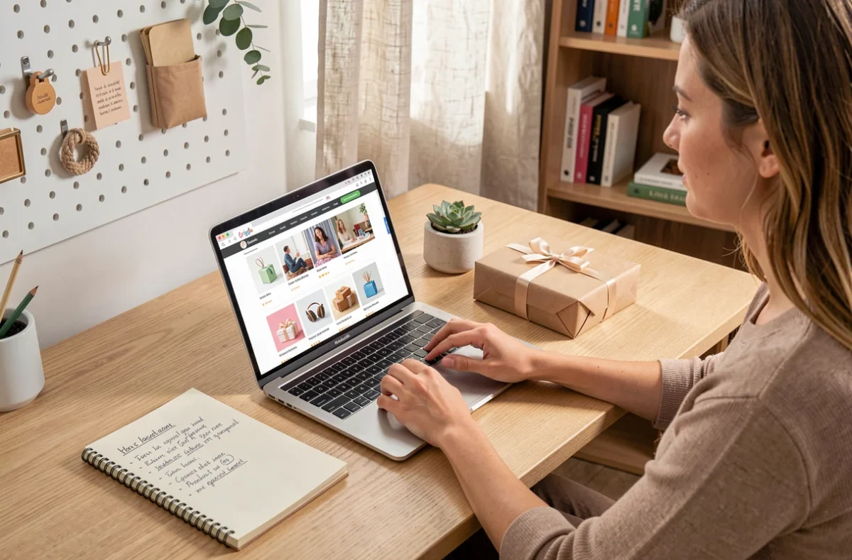 Femme cherchant des idées cadeaux sur un ordinateur portable dans un bureau à domicile moderne et bien rangé
