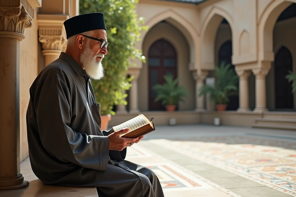 Vieil homme récitant la sourate Al Kahf dans la cour d'une mosquée avec un Coran de poche