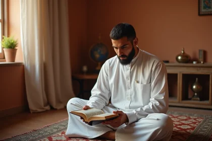 Homme récitant le Coran ouvert sur sourat Al Kahf assis sur un tapis de prière traditionnel