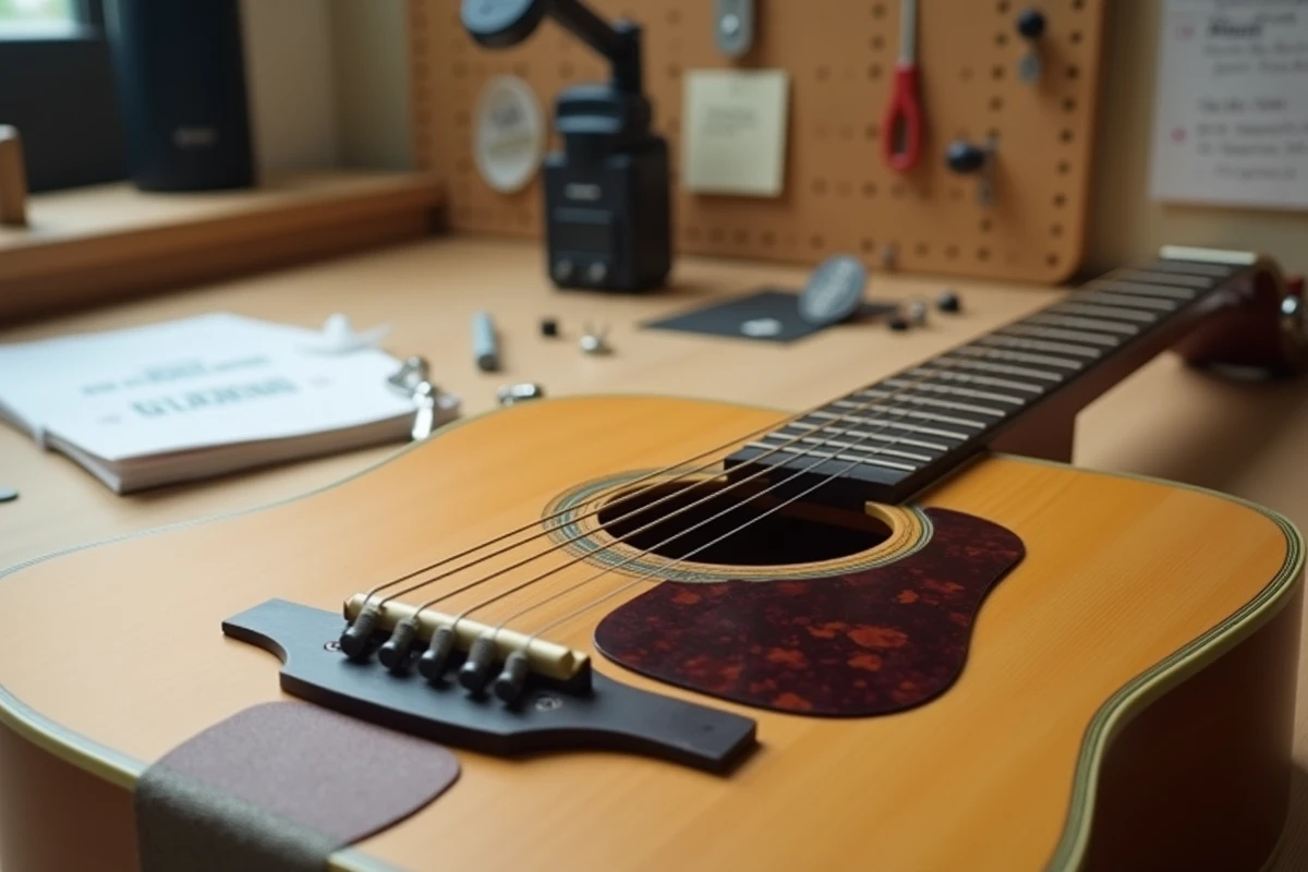 Gros plan sur le chevalet et le sillet d'une guitare acoustique Atlantic lors d'un réglage d'intonation