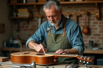 Luthier ajustant le truss rod d'une guitare acoustique Atlantic sur un établi d'atelier professionnel