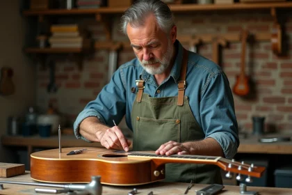 Luthier ajustant le truss rod d'une guitare acoustique Atlantic sur un établi d'atelier professionnel