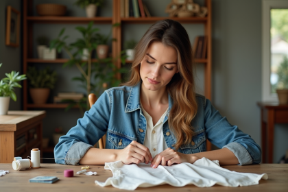 Femme en denim vintage répare un chemisier en coton