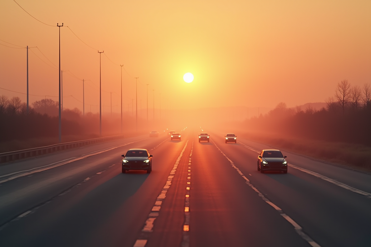 Autoroute futuriste au lever du soleil avec silhouettes fantomatiques