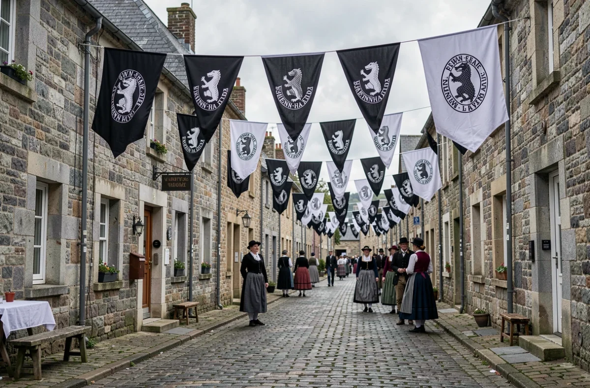 Rue bretonne pavée décorée de drapeaux Gwenn-ha-Du lors d'une fête traditionnelle en Bretagne