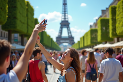 Rue animée à Paris près de la Tour Eiffel en été