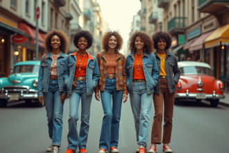 Rue animée des années 80 avec jeunes en mode vintage