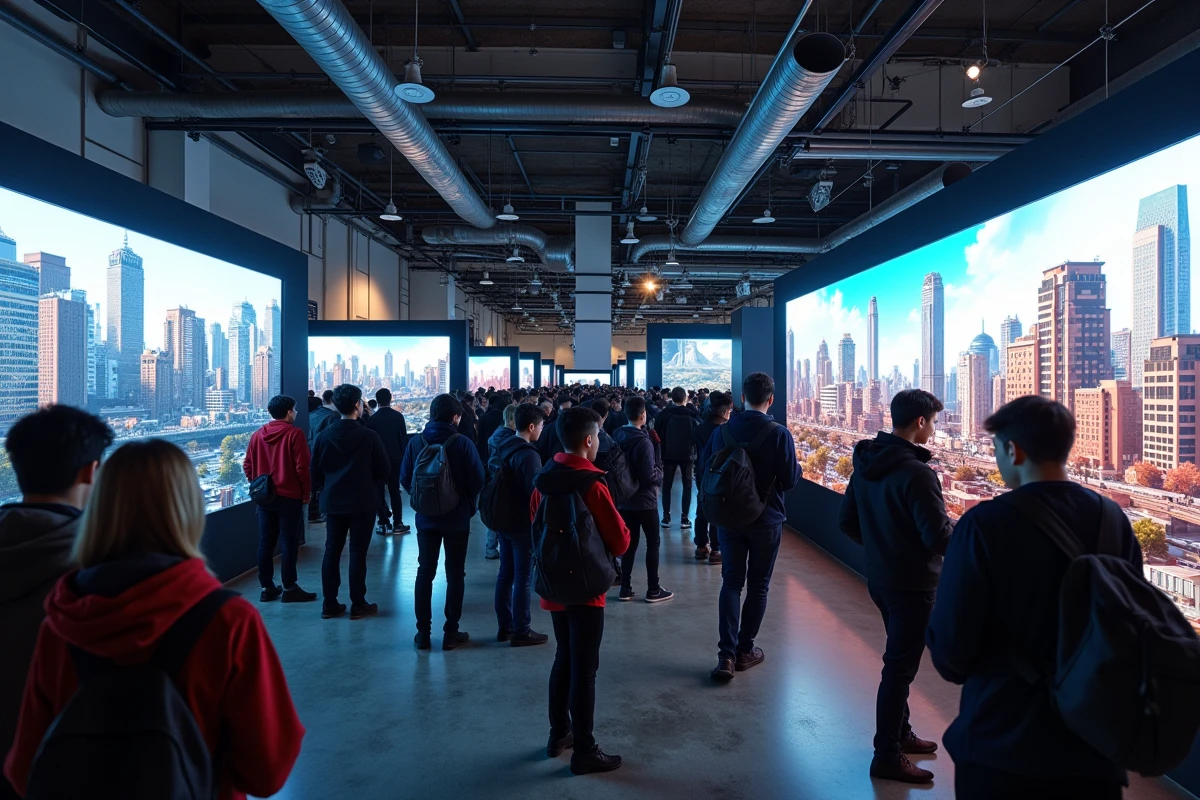 Foule de fans de jeux vidéo dans un salon gaming discutant de la date de sortie confirmée de GTA 6 pour 2026