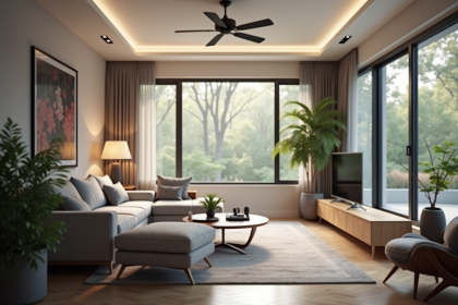 Salon moderne avec appareils connectes et controle tactile