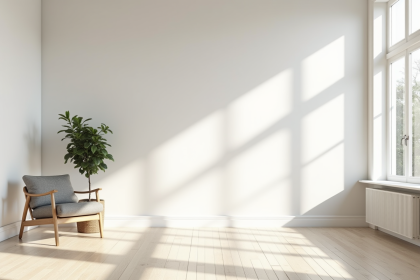 Salon spacieux avec mobilier scandinave et lumière naturelle