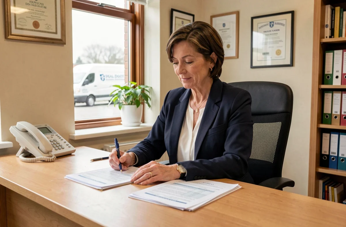 Responsable administrative de Sarl Jacqueline Carré Service examinant des documents de déménagement dans un bureau régional