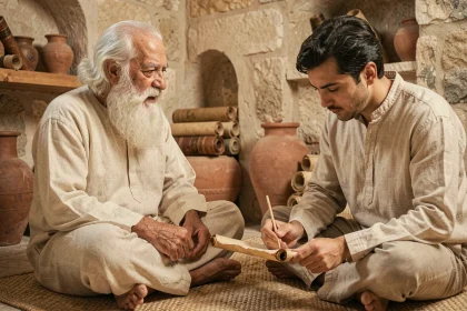 Scribe écrivant sur un parchemin sous la dictée d'un sage dans un scriptorium de pierre ancienne