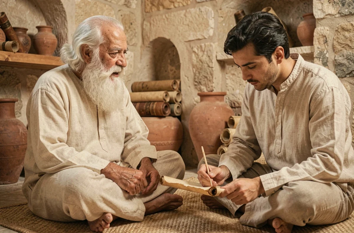 Scribe écrivant sur un parchemin sous la dictée d'un sage dans un scriptorium de pierre ancienne
