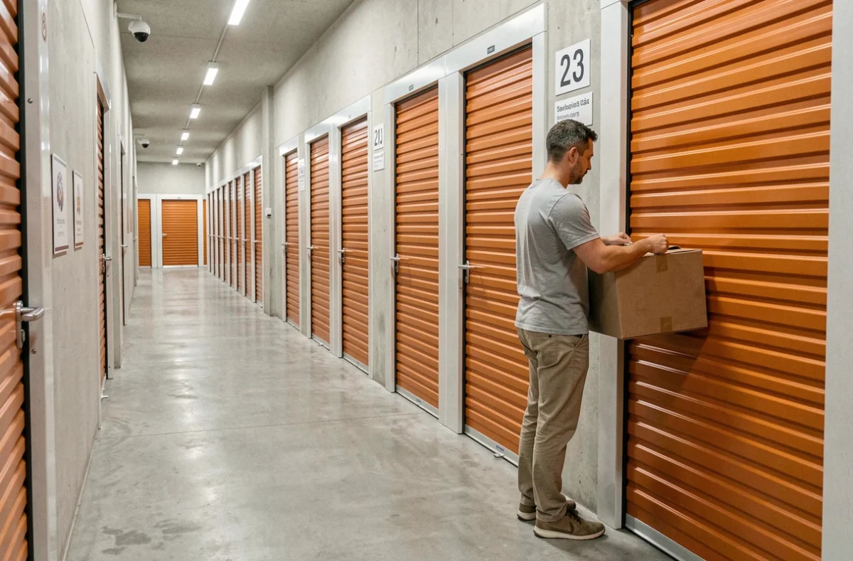 Client déverrouillant une unité de self stockage dans le couloir moderne d'un garde-meubles Poisson