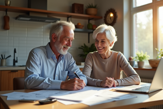 Couple senior souriant à la maison avec papiers et ordinateur