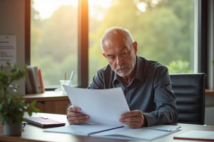 Travailleur senior à son bureau en train de revoir ses papiers de retraite