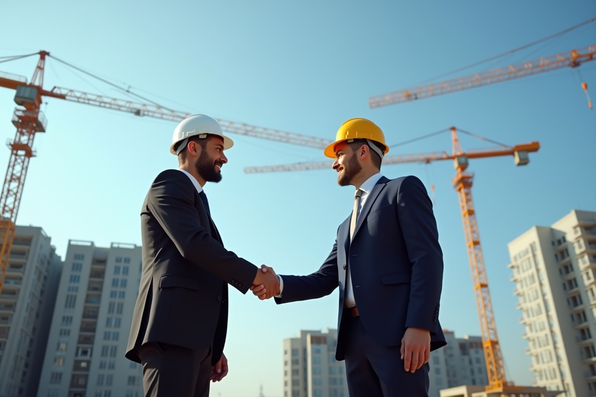 Poignée de main entre un développeur et un client sur un chantier