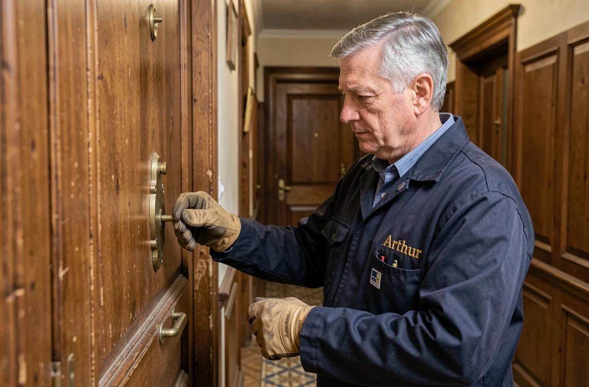 Serrurier de la Serrurerie Arthur inspectant une serrure ancienne dans un appartement strasbourgeois