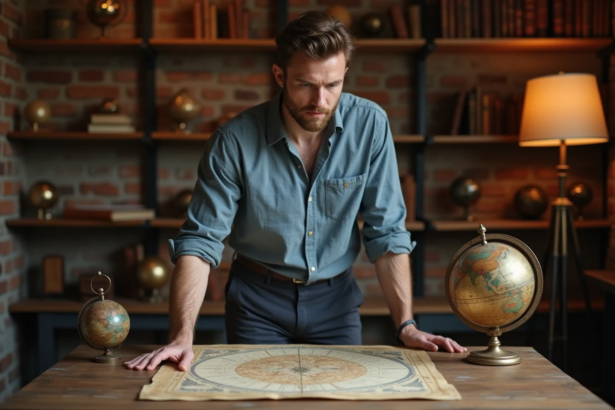 Homme étudiant une carte des étoiles et un compas en laiton, évoquant l'analyse astrologique du signe du Cancer du 12 juillet