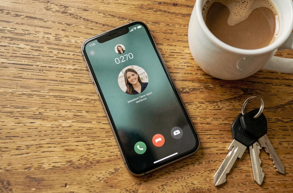Gros plan sur un smartphone posé sur une table en bois affichant un appel entrant d'un numéro 0270 avec une tasse de café