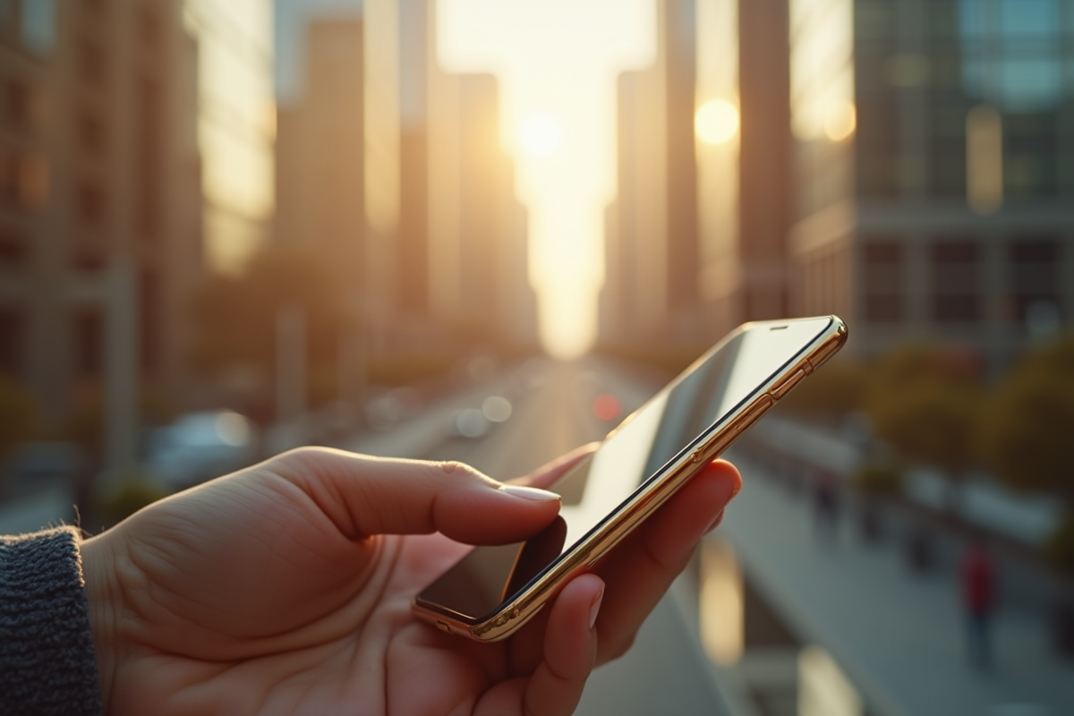 Main tenant un smartphone haut de gamme avec reflets de gratte-ciel