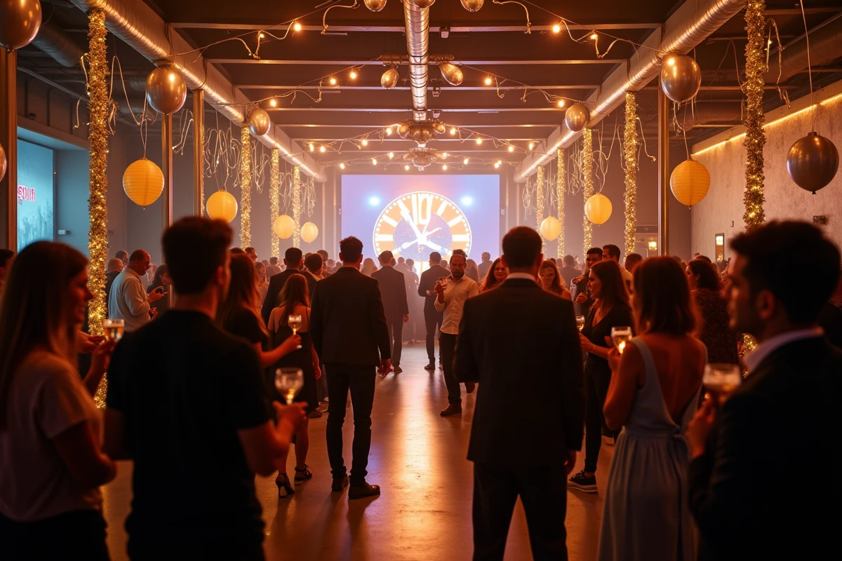 Salle de fête animée pour une soirée organisée nouvel an 2026 accessible avec décoration ballons dorés et argentés