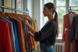 Styliste en studio lumineux avec vêtements colorés