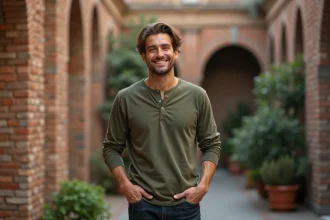 Homme souriant avec un air espiègle appuyé contre un mur de briques, illustrant un surnom drôle ou attachant pour un homme
