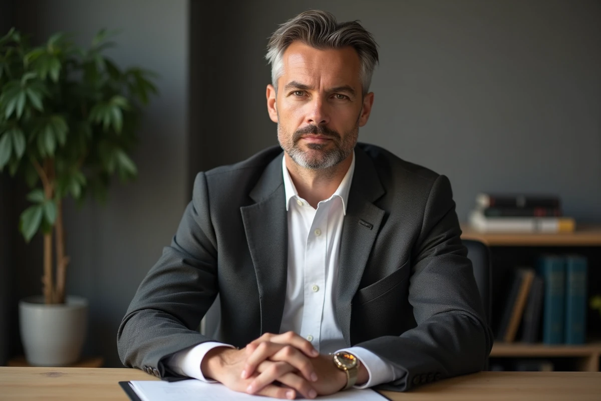Homme sérieux et posé en blazer assis à un bureau moderne, illustration d'un surnom fort et respectueux pour un homme