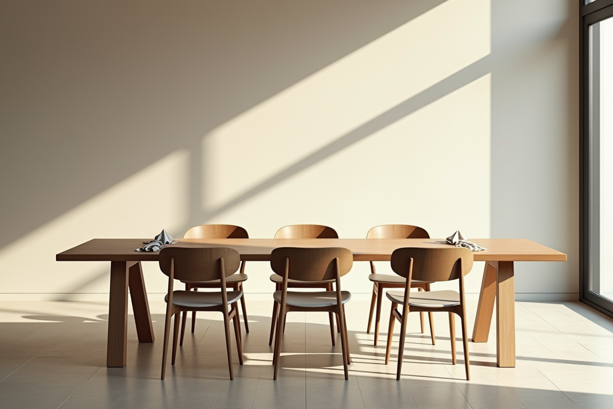Table à manger vide avec signes de conflit et lumière douce