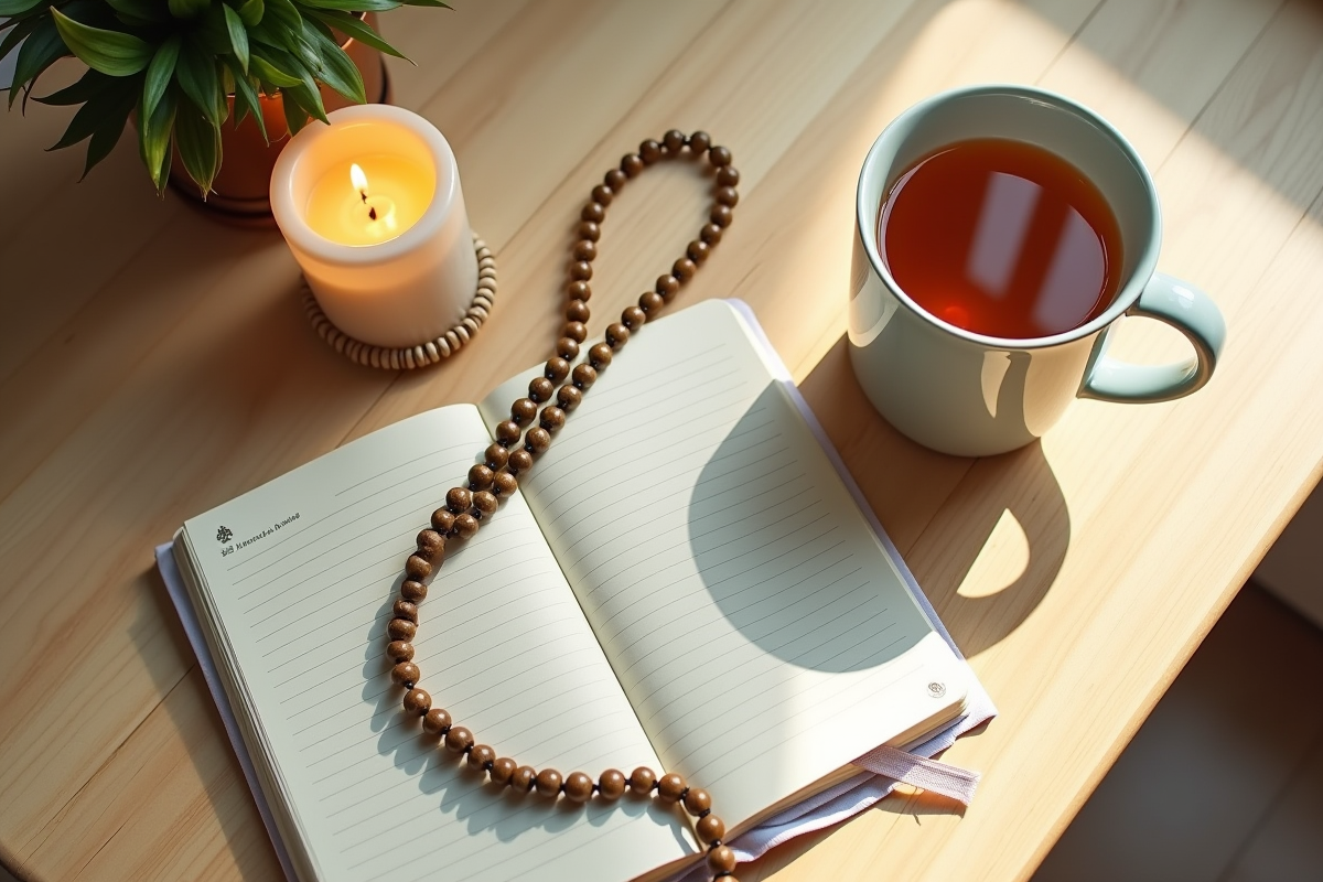 Table avec journal tasse de tisane bougie et mala en lumière douce