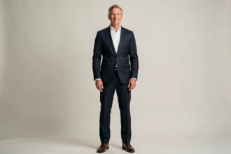 Portrait en pied d'un homme élégant en costume marine illustrant un article sur la taille de Tom Cruise en cm
