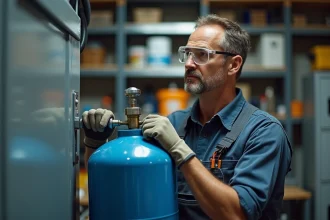 Homme en tenue de travail vérifiant une bouteille de gaz dans un atelier